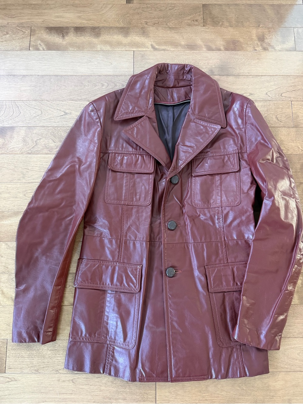 Vintage Men's Burgundy Pea Coat with Four Front Pockets